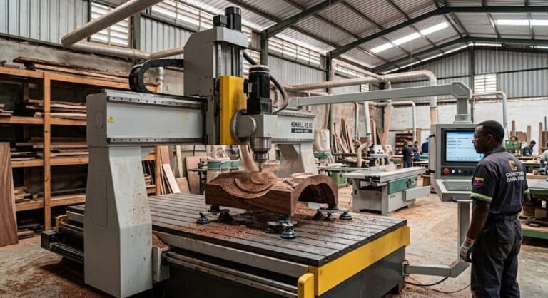 Centro de mecanizado CNC de 5 ejes trabajando una pieza de madera en un taller de carpintería industrial