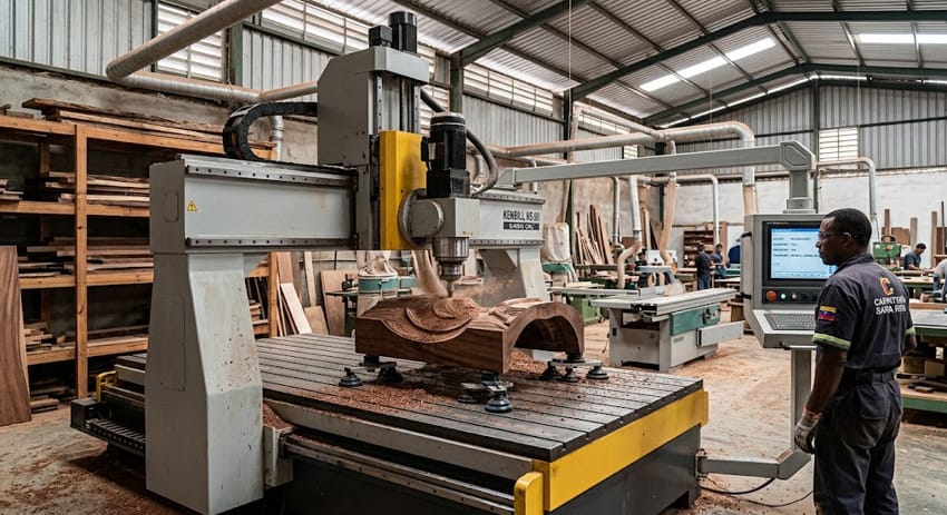 Centro de mecanizado CNC de 5 ejes trabajando una pieza de madera en un taller de carpintería industrial