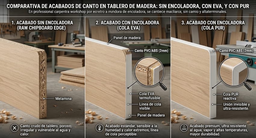 Comparativa de acabados de canto en tablero de madera: sin encoladora, con EVA y con PUR