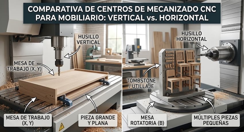 Comparativa visual entre centro de mecanizado CNC vertical y horizontal para fabricación de mobiliario