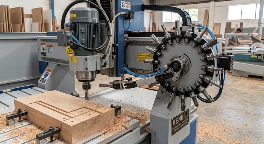 Detalle del husillo y cambiador automático de herramientas ATC en un centro de mecanizado CNC para madera