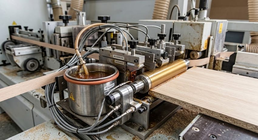 Detalle del sistema de aplicación de cola PUR en una encoladora de cantos industrial para madera