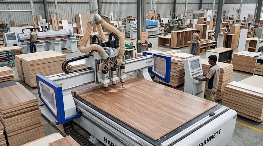 Centro de mecanizado CNC HARNNETT procesando tableros de madera en producción industrial de mobiliario