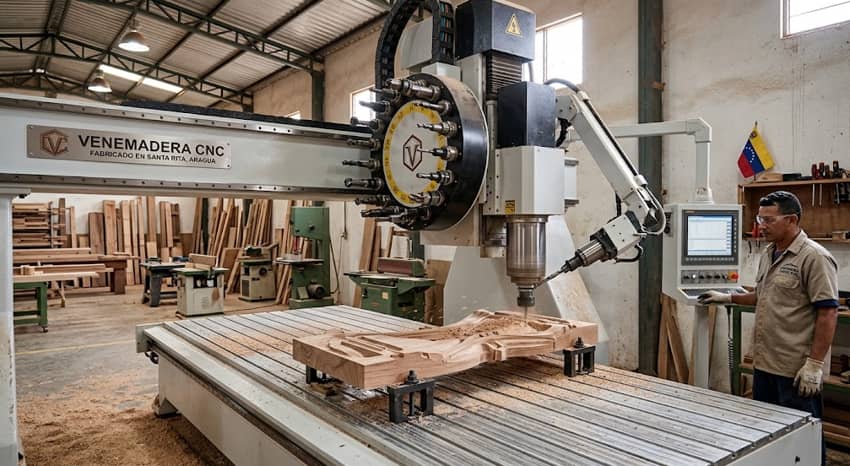 Centro de mecanizado CNC con cambiador automático de herramientas trabajando madera
