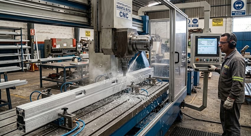Centro de mecanizado CNC para aluminio mecanizando perfiles de puerta con husillo horizontal