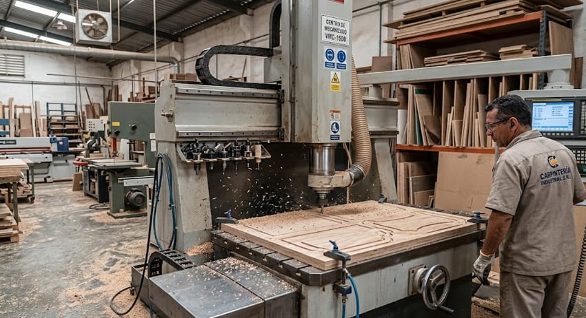 Centro de mecanizado CNC vertical trabajando un tablero de madera en taller industrial