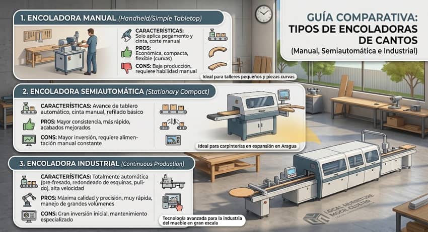 Comparativa de tipos de encoladoras de cantos - manual, semiautomática e industrial