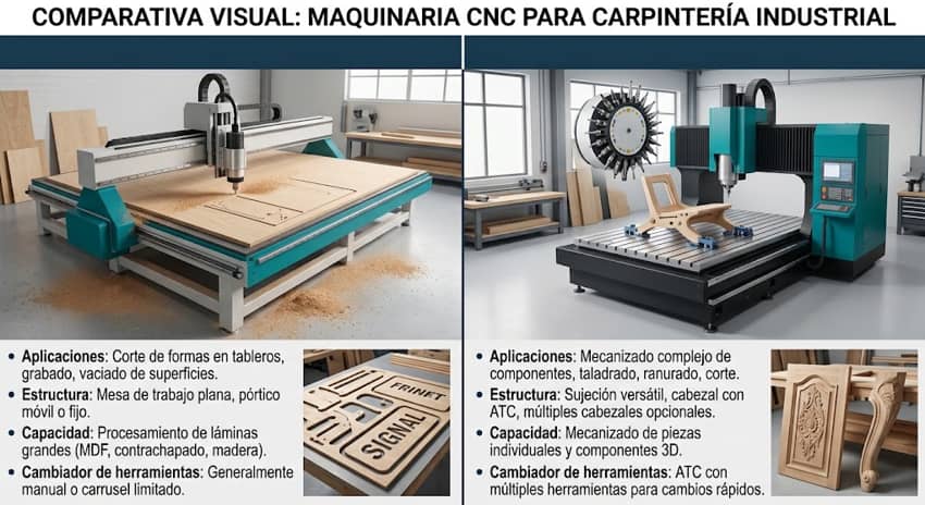 Comparativa visual entre fresadora CNC y centro de mecanizado CNC para carpintería industrial