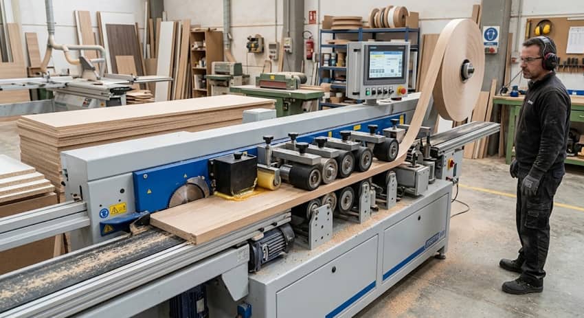Detalle del proceso de encolado de cantos en carpintería profesional con máquina automática