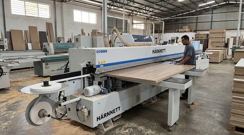 Encoladora de cantos industrial HÄRNNETT aplicando canto de PVC en tablero de madera