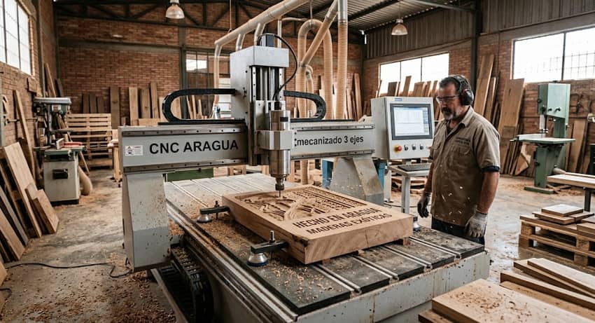 Fresadora CNC de 3 ejes mecanizando pieza de madera en taller de carpintería profesional