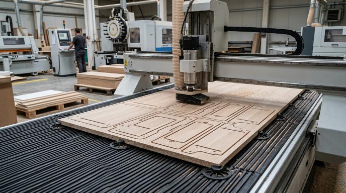 Centro de mecanizado CNC nesting procesando un tablero de madera con mesa de vacío