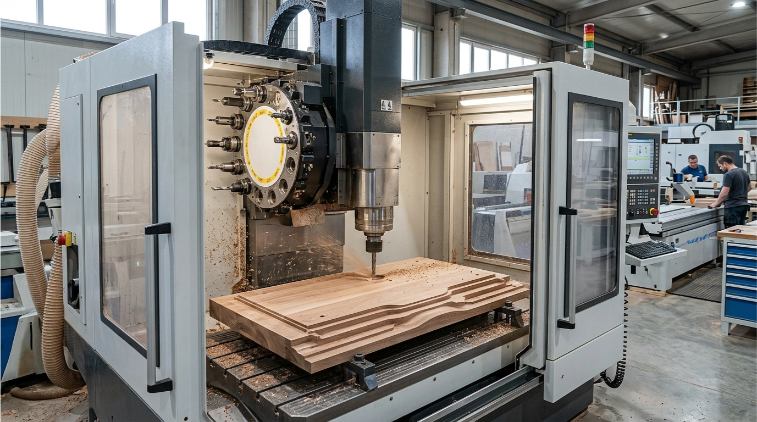Centro de mecanizado CNC vertical realizando operaciones de fresado y taladrado en una pieza de madera
