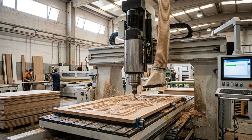 Centro de mecanizado CNC vertical trabajando panel de madera en carpintería industrial
