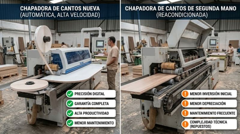 Comparativa entre chapadora de cantos nueva y de segunda mano en taller de fabricación de mobiliario.