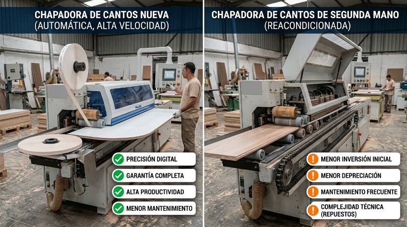 Comparativa entre chapadora de cantos nueva y de segunda mano en taller de fabricación de mobiliario.