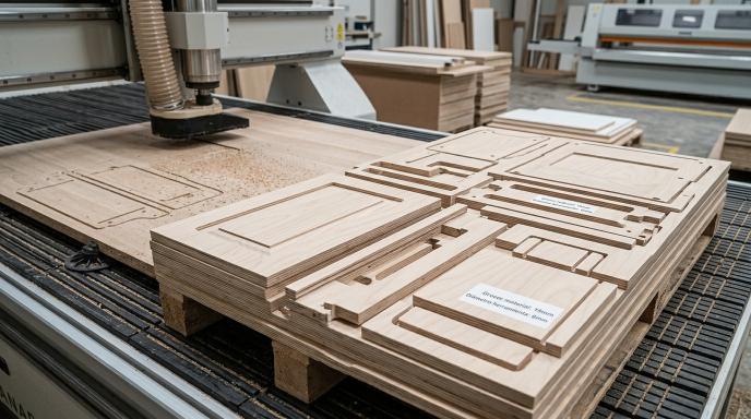 Detalle de piezas de mueble cortadas con precisión por una máquina CNC nesting industrial