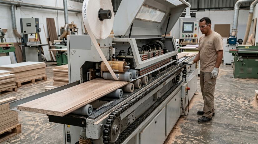 Encoladora de cantos industrial aplicando canto de PVC sobre tablero de madera en carpintería profesional