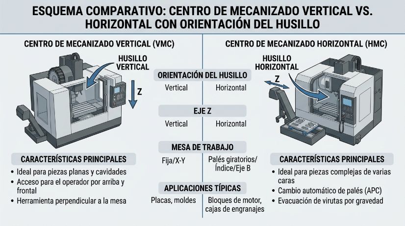 Esquema comparativo de centro de mecanizado vertical y horizontal con orientación del husillo