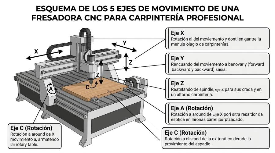 Esquema de los 5 ejes de movimiento de una fresadora CNC para carpintería profesional