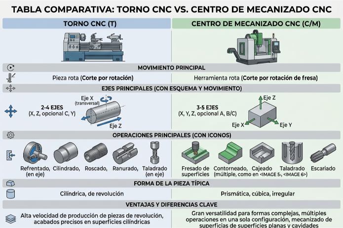 Tabla comparativa entre torno CNC y centro de mecanizado CNC con ejes y operaciones principales.