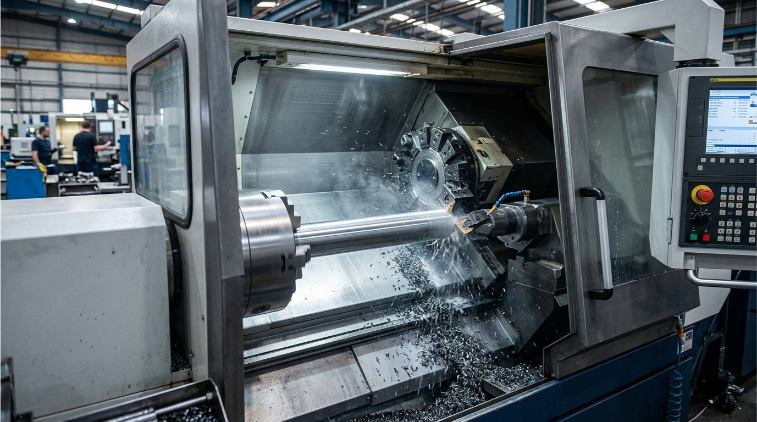 Torno CNC industrial mecanizando una pieza cilíndrica por arranque de viruta