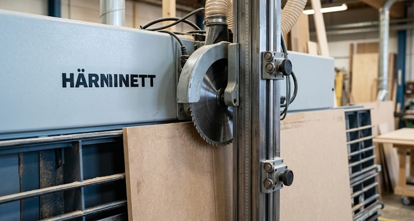 Detalle del disco y guía de precisión de una seccionadora vertical para panel de madera