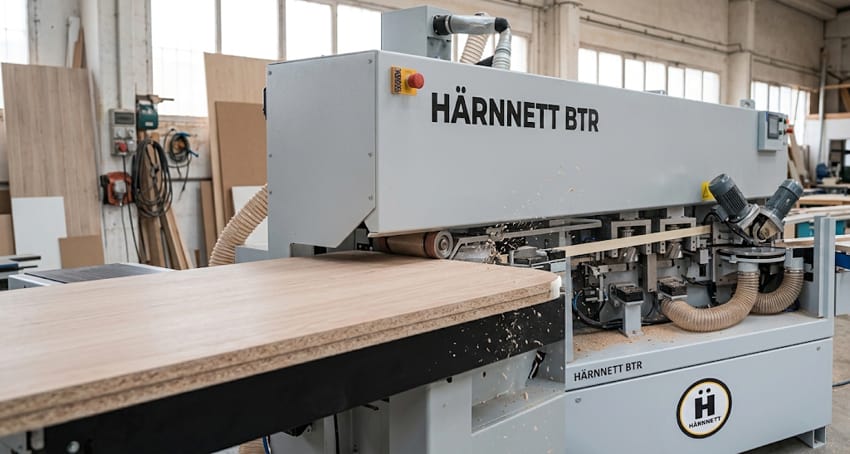 Encoladora HÄRNNETT BTR aplicando canto en tablero de madera con acabado redondeado