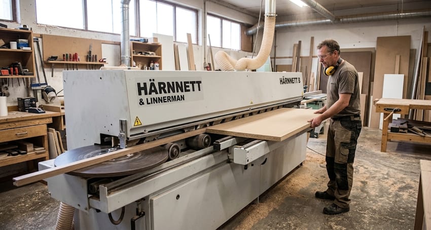 Encoladora de cantos HÄRNNETT B en funcionamiento en taller de carpintería
