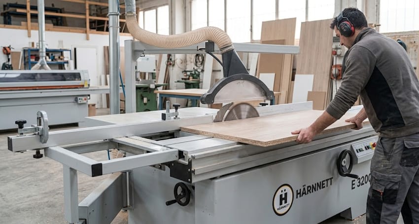 Escuadradora industrial cortando un tablero grande con alta precisión