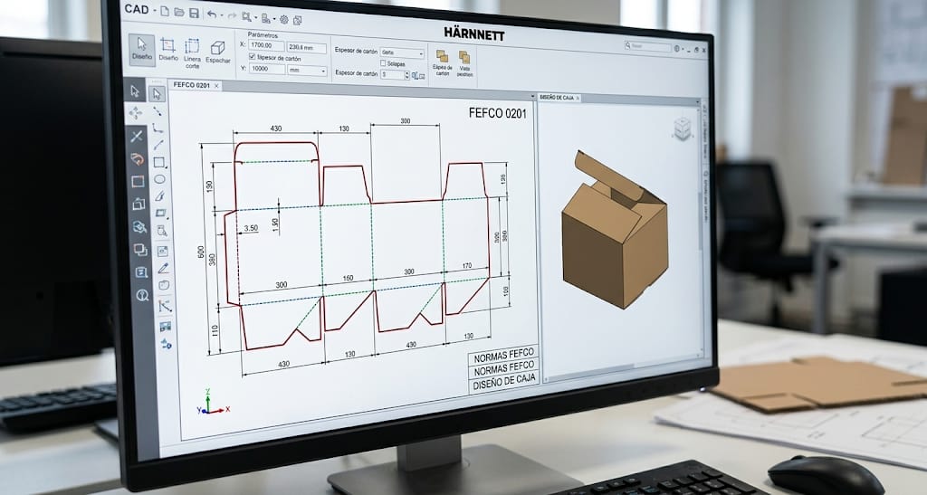 Pantalla de software CAD para diseño de cajas de cartón con normas FEFCO aplicadas