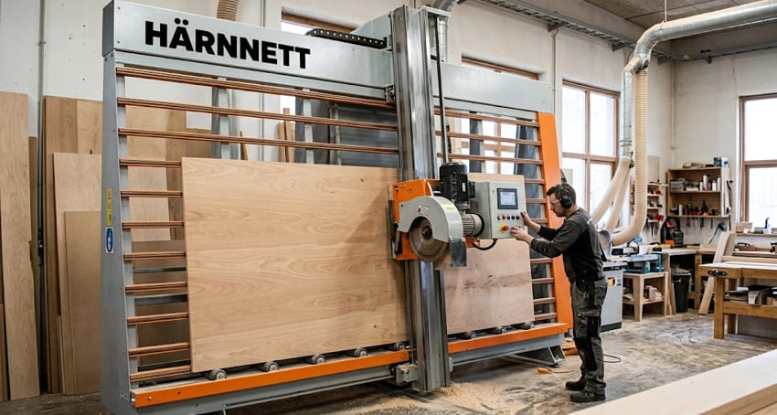 Sierra vertical industrial para corte de tableros de madera en taller profesional de carpintería